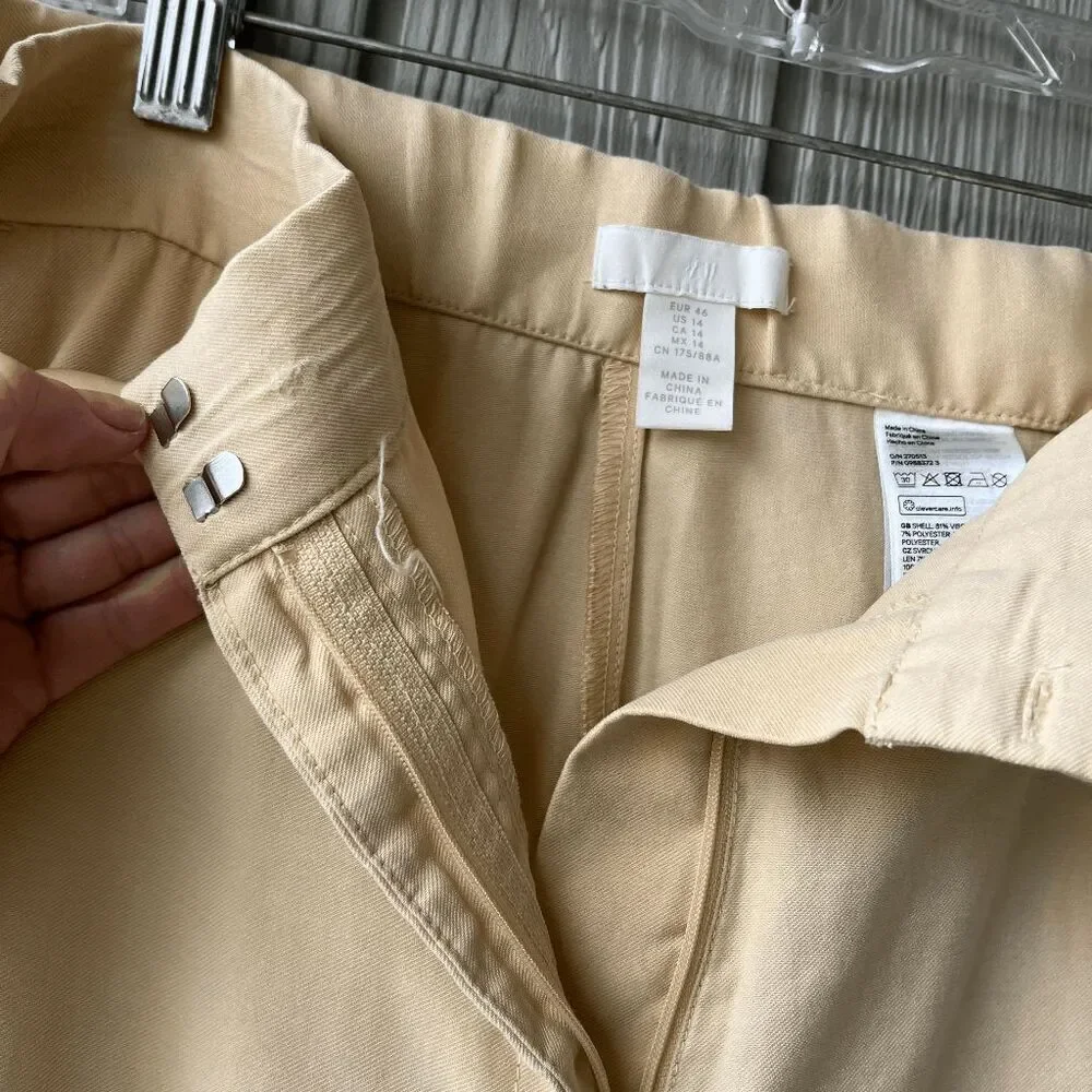 H&M Wide Leg Linen Blend Trousers Beige Size 14 Side Slits Pockets